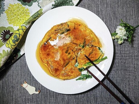 簡単おかず！ニラ玉の鶏ガラ醤油餡掛け